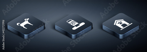 Set Isometric Dog, house and paw print and Cat scratching post icon. Vector