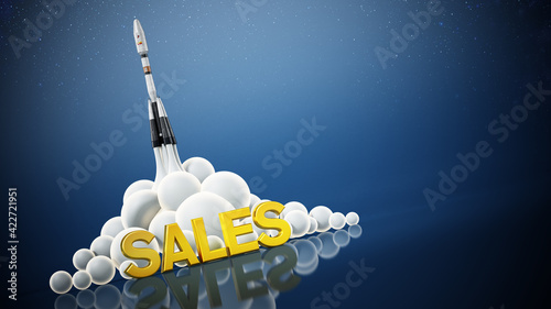 Fototapeta Naklejka Na Ścianę i Meble -  Sales text standing in front of a launching rocket. Business and success concept. 3D illustration