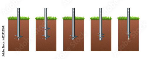 Isometric vector illustration steel screw round piles isolated on white background. Set of realistic foundation piles icons in flat cartoon style. Different shapes screw piles. Construction material.