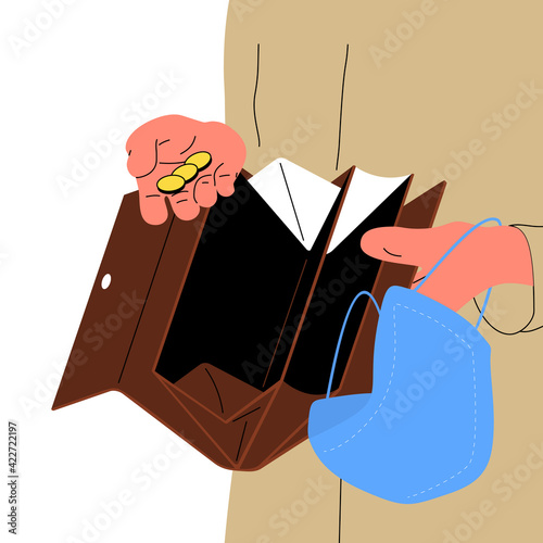 Human caucasian hands holding open empty wallet with few coins and a disposable face mask. Isolated on white background. Flat style vector illustration.