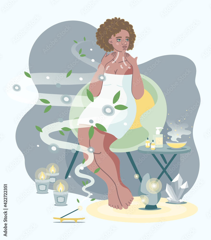 Obraz premium African-american woman gets self massage and Aromatherapy treatments. Wellness and Self care at home