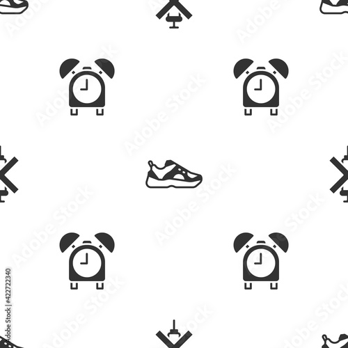Set No doping syringe, Sport sneakers and Alarm clock on seamless pattern. Vector