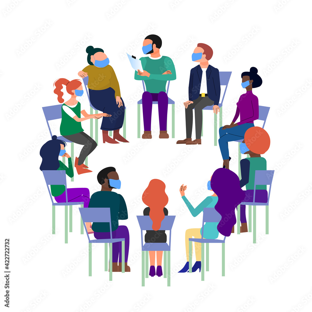 Concept art of group therapy, brainstorming meeting, people sitting in circle with face masks, anonymous club. Isolated on white background. Flat style stock vector illustration.