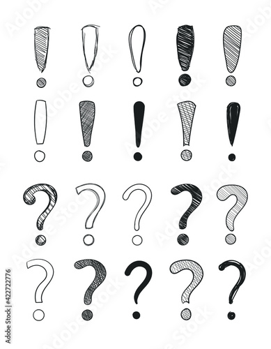 Vector collection on hand drawn question and exclamation marks isolated on white background, black doodles set, scribble lines, black and white illustration.
