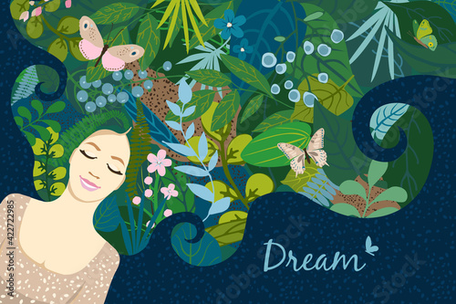Beautiful floral background. Summer concept with lying girl in dream, hair of leaves, colorful flowers, butterflies. For women's day on march 8, cover social network, wedding. Vector illustration.