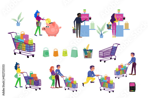 Couples and single people shopping in supermarket set. Isolated on white background. Stock vector illustration.