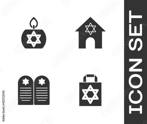 Set Shopping bag with star of david, Burning candle, Tombstone and Jewish synagogue icon. Vector