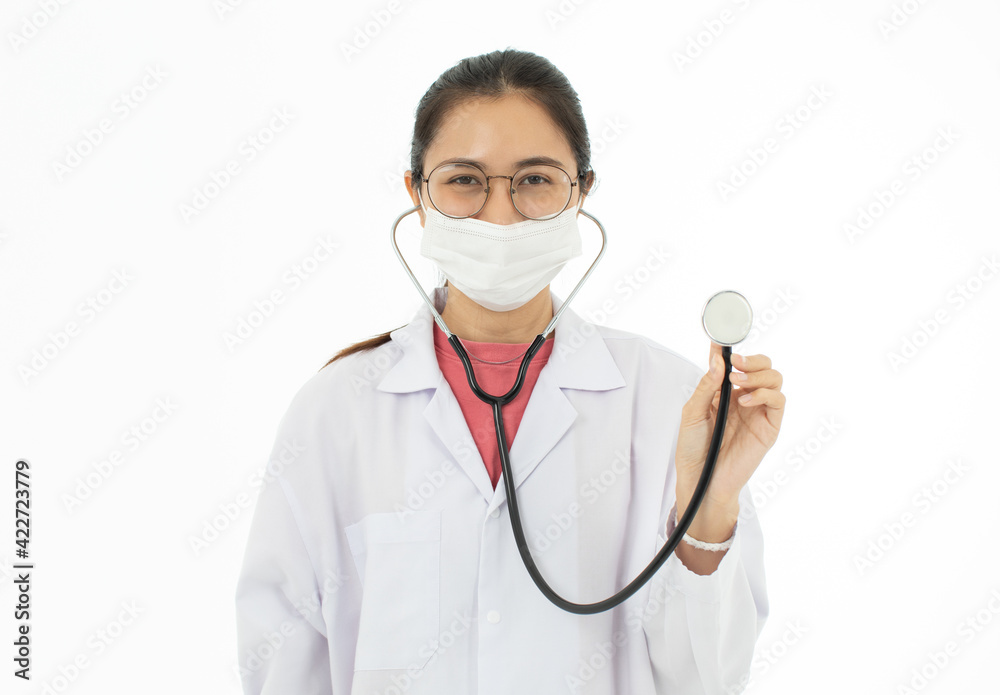Portrait of Asian female doctor in white gown coat wearing eyes glasses standing and fold arms over chest isolated on white background Portrait of Asian female doctor in white gown coat wearing eyes glasses standing and fold arms over chest isolated on white background