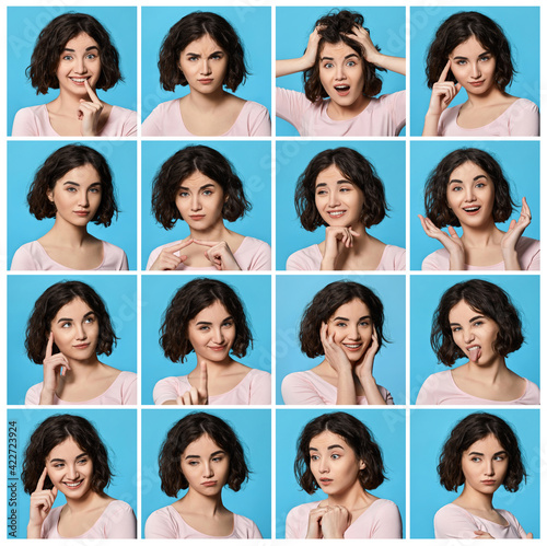 Collage of woman with different facial expressions photo