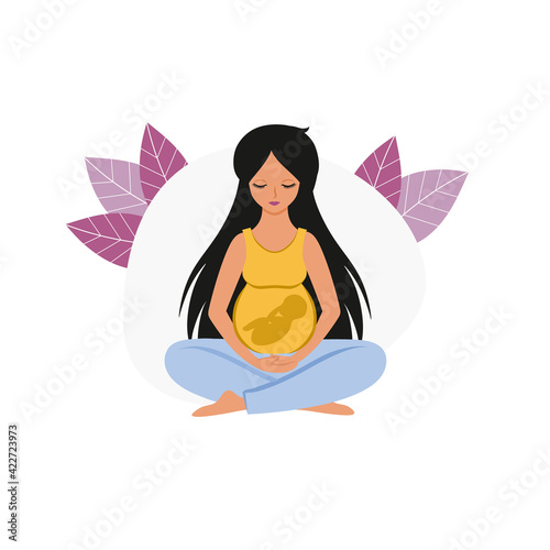 A pregnant woman sits in the Lotus position and relaxes. The baby is an embryo in the stomach. Mother is a new-born baby. Pregnancy, childbirth, motherhood. Vector flat cartoon illustration.