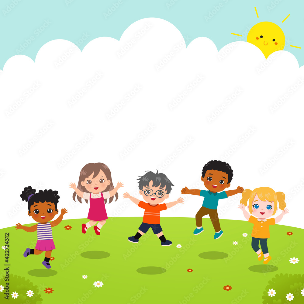 Cute kids playing and jumping in the garden. Preschool banner with white space. Flat vector cartoon style