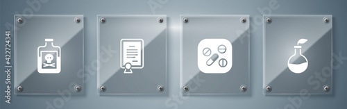 Set Plant breeding, Medicine pill or tablet, Certificate template and Poison bottle. Square glass panels. Vector