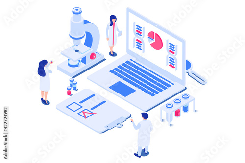 3d set of laboratory elements with doctors or scientists. Microscope, laptop, ampoules, magnifier, tablet, DNA,test tubes. Vector illustration in modern isometric style. Isolated on white background