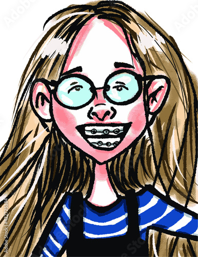 vector illustration of little cute girl wth braces isolated portrait