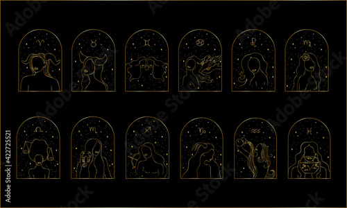 Female zodiac set vector illustration. Gold zodiac women signs on black background
