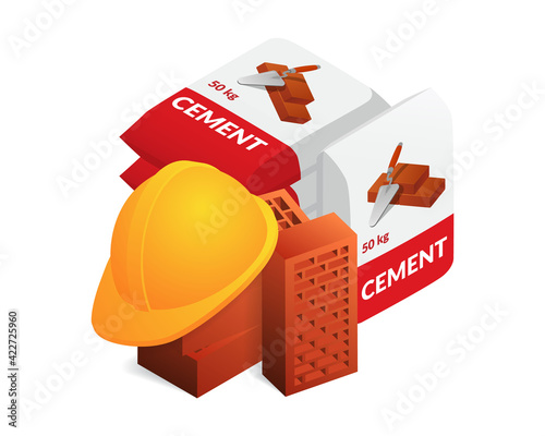 Isometric vector illustration worker hard hat, bricks and cement bags isolated on white background. Realistic construction or working safety helmet, bricks and cement bags icon in flat cartoon style.