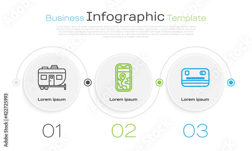 Set line Rv Camping trailer, City map navigation and Credit card. Business infographic template. Vector