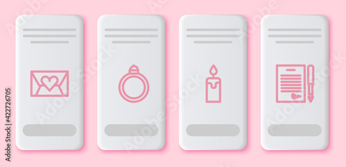 Set line Envelope with Valentine heart, Diamond engagement ring, Burning candle and Marriage contract. White rectangle button. Vector