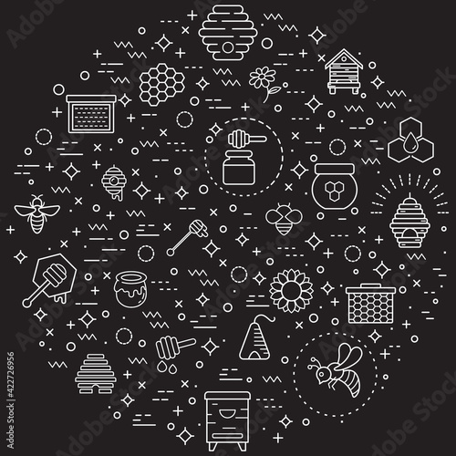 Simple Set of bee and honey Related Vector Line Illustration. Contains such Icons as organic, sweet, natural, honey bee, fresh, apiary, beehive, honey jar, spoons, honeycombs and Other Elements.