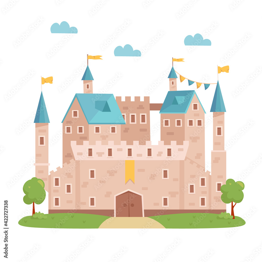 Medieval Castle. Knight fortress with towers and flags. Vector cartoon illustration.