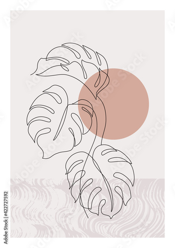 One line art monstera leaf plant poster. Elegant tropical leaf with grunge doodle texture background.