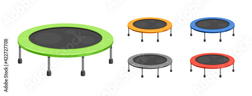 Trampoline for children and adults for indoor or outdoor fun, fitness jumping in different colors. Icon. Vector illustration