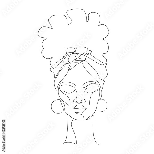 Black woman afro portrait. Female profile continuous line art.