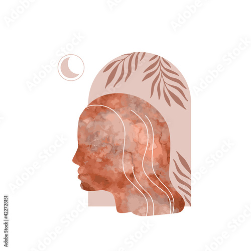 Abstract woman profile portrait with spiritual elements, watercolor texture.