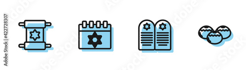 Set line Tombstone with star of david, Torah scroll, Jewish calendar and sweet bakery icon. Vector
