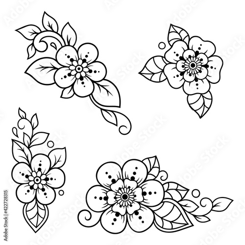Set of Mehndi flower pattern for Henna drawing and tattoo. Decoration in ethnic oriental, Indian style. Doodle ornament. Outline hand draw vector illustration.