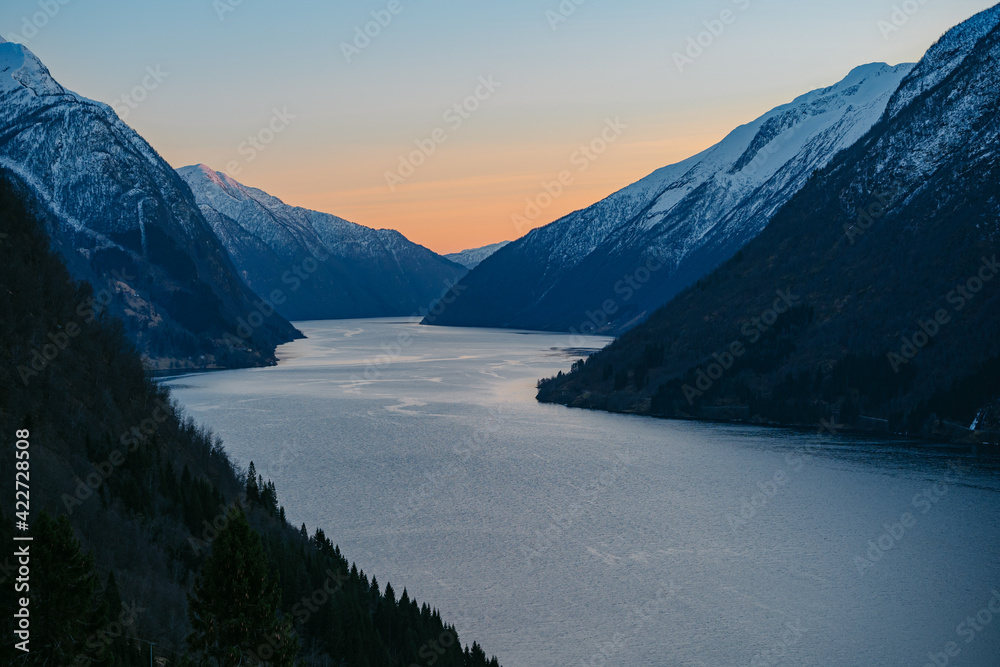 Fjærlands fjord on the west coast of norway moments after sunset winter