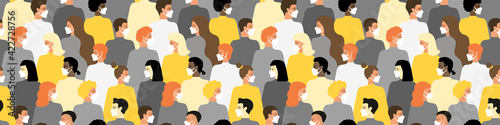 people in masks.concept of quarantine.people in white medical face mask.coronavirus pandemic.group of people seamless pattern in modern flat style 2021.horizontal web banner or poster for social media