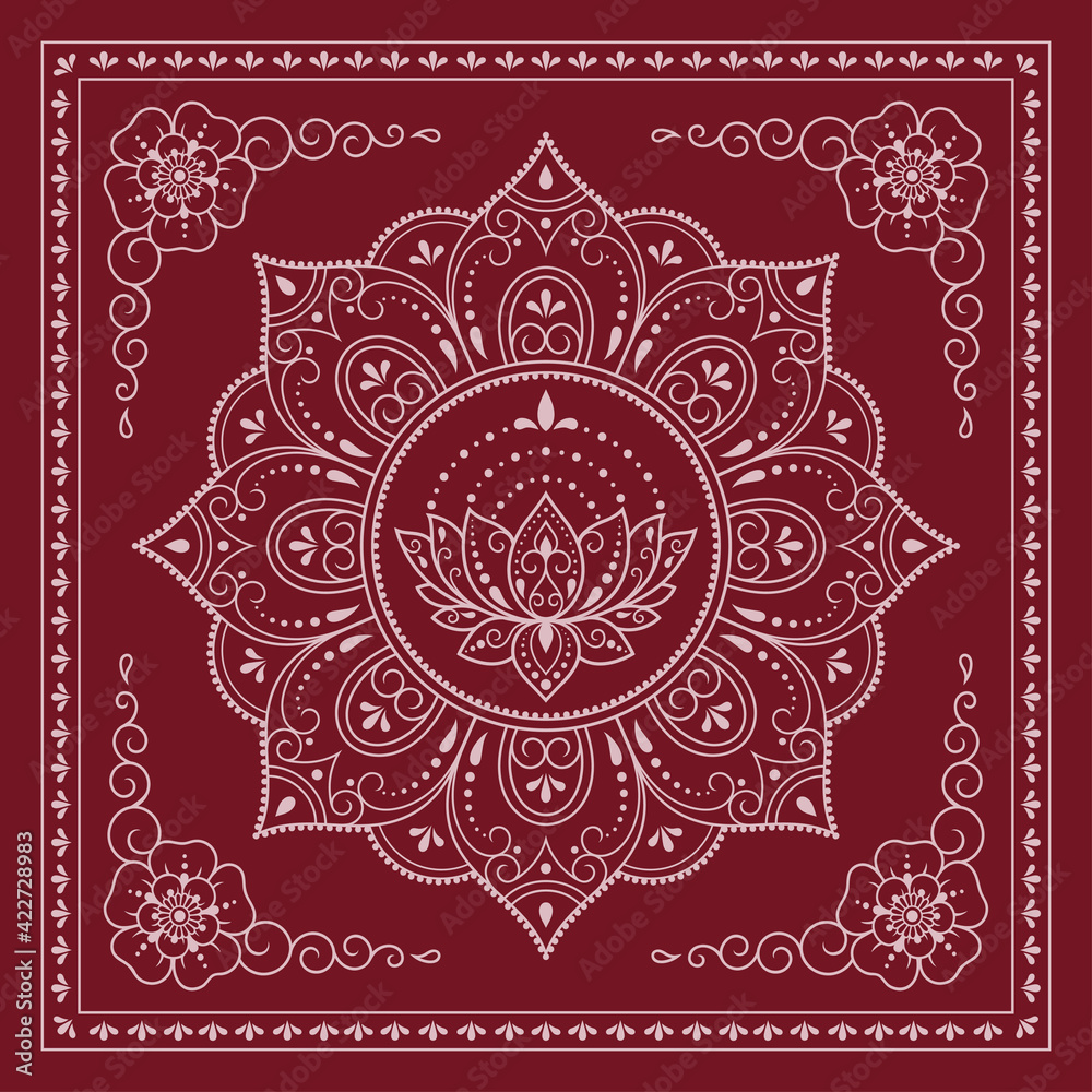 Circular pattern in form of mandala with Lotus flower for Henna, Mehndi, decoration. Red decorative ornament in ethnic oriental style for a bandana. Outline doodle hand draw vector illustration. Circular pattern in form of mandala with Lotus flower for Henna, Mehndi, decoration. Red decorative ornament in ethnic oriental style for a bandana. Outline doodle hand draw vector illustration.