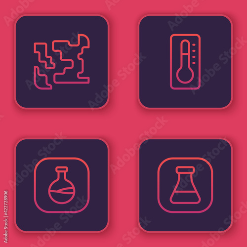 Set line Gaseous, Test tube and flask, Medical thermometer and . Blue square button. Vector