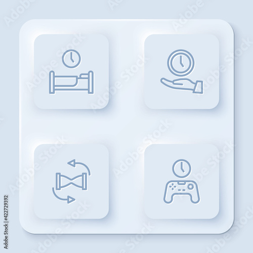 Set line Time to sleep, Clock, Old hourglass with sand and Gamepad of time. White square button. Vector