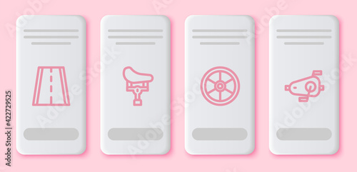 Set line Bicycle lane, seat, wheel and pedals. White rectangle button. Vector