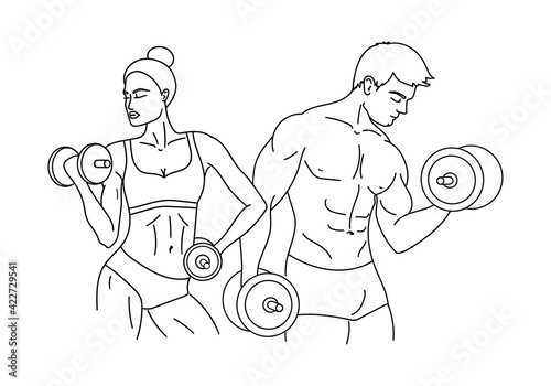 Muscle man and woman with dumbbells. Bodybuilders outline silhouette or sketch. Gym, workout, fitness, powerlifting logo concept. Vector illustration.