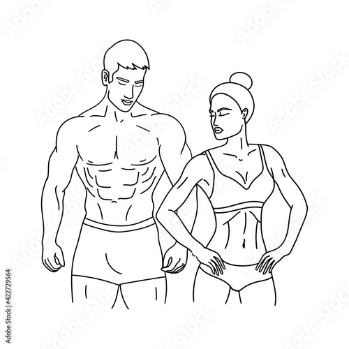 Muscle man and woman outline silhouette or sketch. Bodybuilders concept. Gym, workout, fitness, powerlifting logo design. Vector illustration.