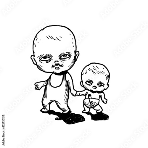 Black and white vintage etched art. Ink drawn ghotic clipart for sticker, tattoo, print. Two little children in diapers walk hand in hand. Babies on walk. The childhood of brothers or friends.