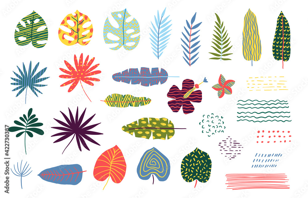 Obraz premium Cartoon Color Abstract Tropical Leaves Icon Set. Vector