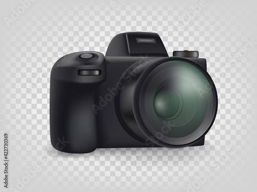 Black modern mirrorless digital camera isolated on transparent background