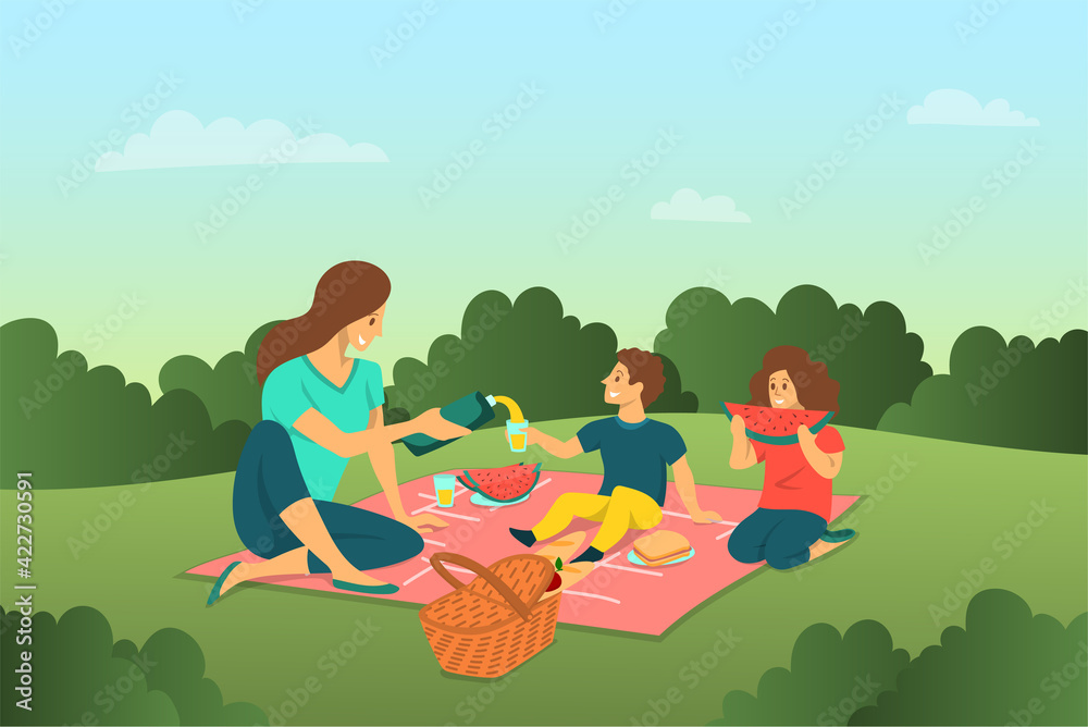 Cartoon Color Characters People Family Having Picnic and Landscape Scene  Concept. Vector Stock Vector | Adobe Stock