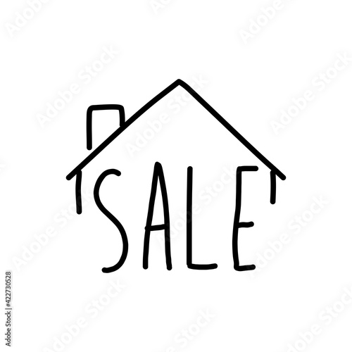 Real Estate. Venta de inmuebles. Logotipo con texto manuscrito Sale escrito a mano con tejado de casa con lineas en color negro