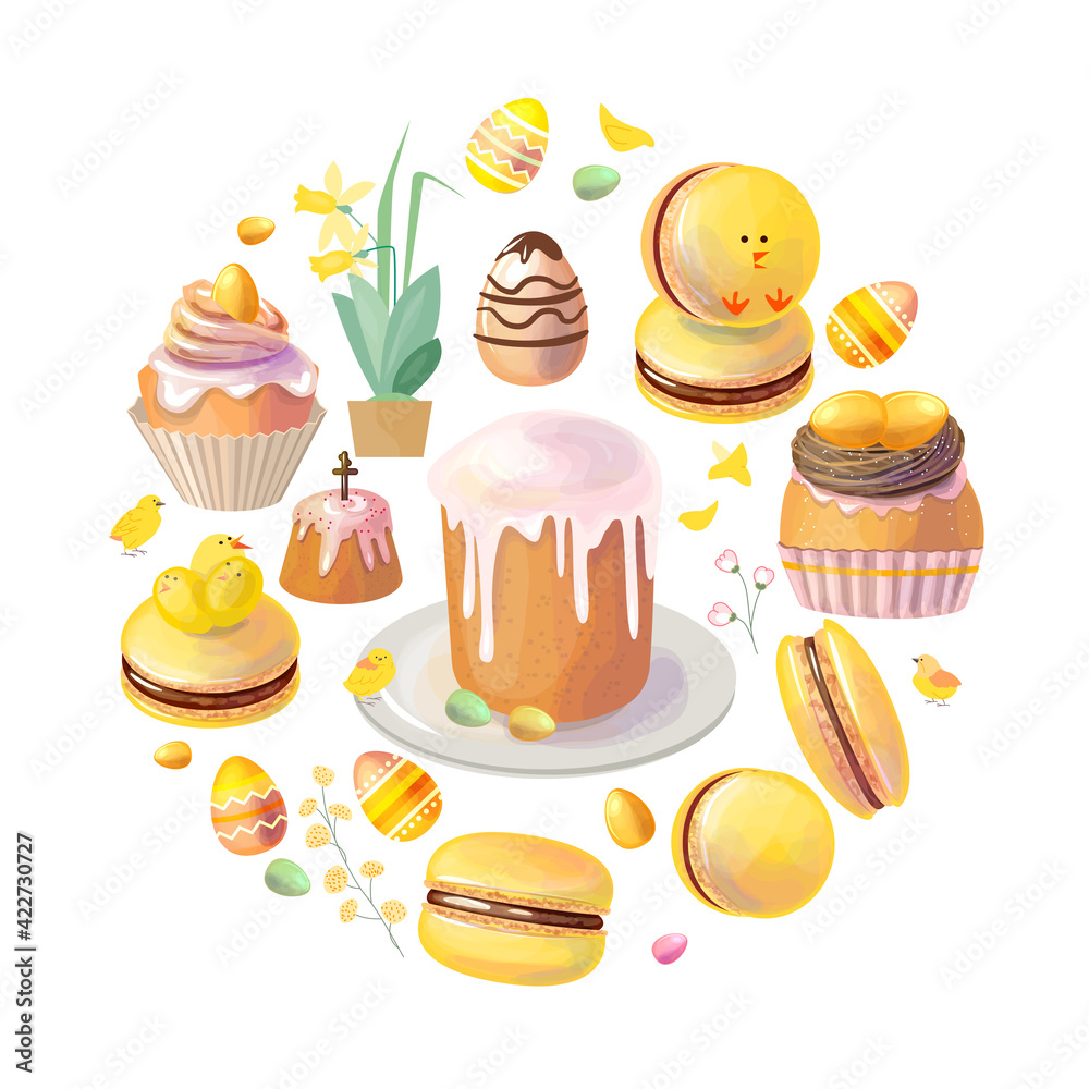 Round template with festive Easter elements, traditional food and ...