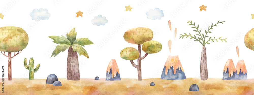 seamless border pattern with volcanoes, trees, stars, jungle, childrens ...