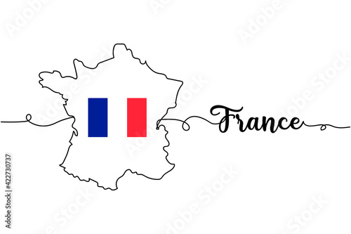 Continuous one line of map of France with flag. Minimal style. Perfect for cards, party invitations, posters, stickers, clothing.