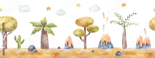 Photography seamless border pattern with volcanoes, trees, stars,  jungle, childrens illustr