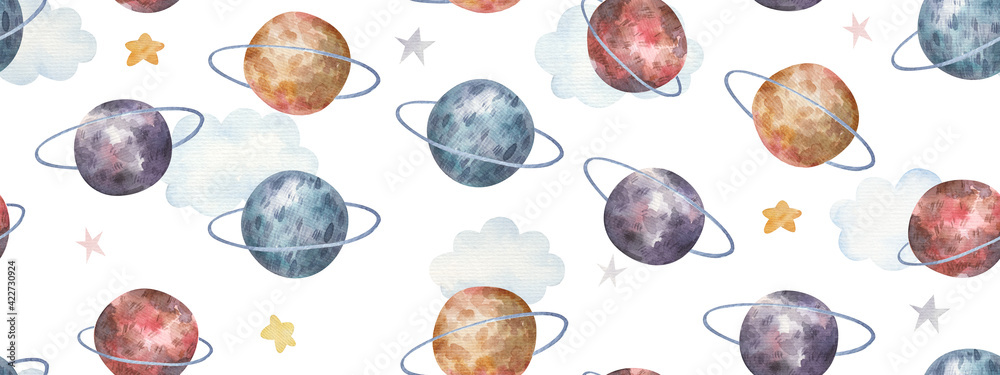 seamless pattern with space, planets, clouds, cute watercolor childrens illustration