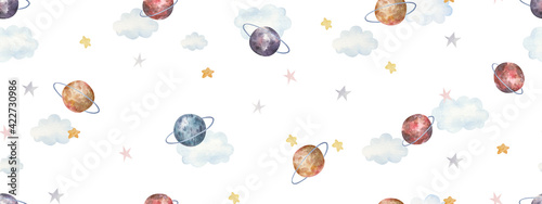 seamless pattern with space, stars, planets, cute watercolor childrens illustration