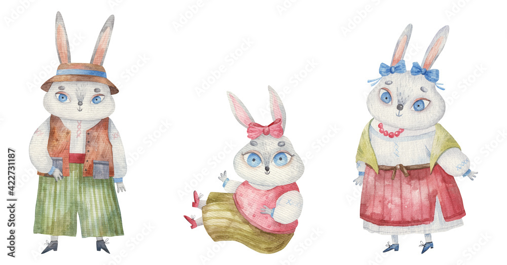 Obraz premium set of family easter bunnies, cute baby watercolor illustration